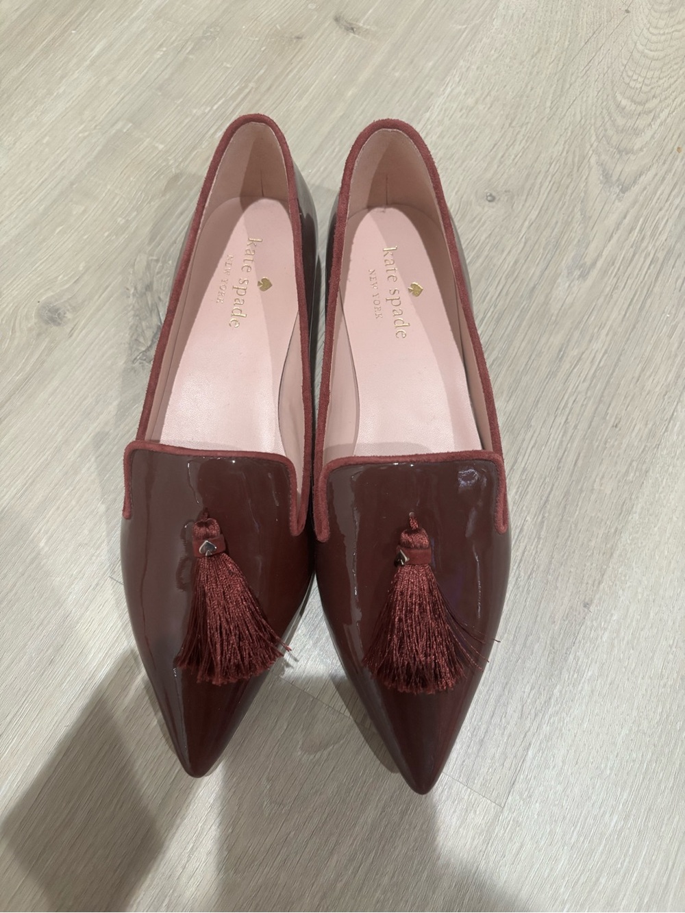 kate spade Wine Patent Pointed Tassel Flats